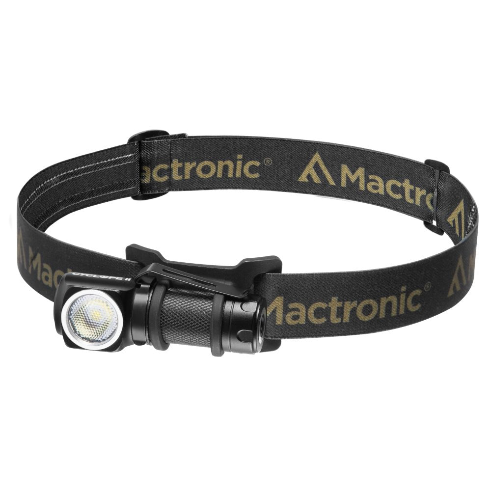 Mactronic Cyclope II lampe frontale avec bandeau noir et lampe coudée dans le support