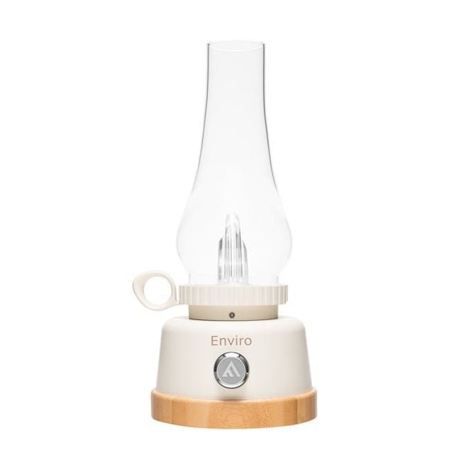 Mactronic Enviro lampe de table style lampe à huile avec globe en verre, pied crème et dessous couleur bois