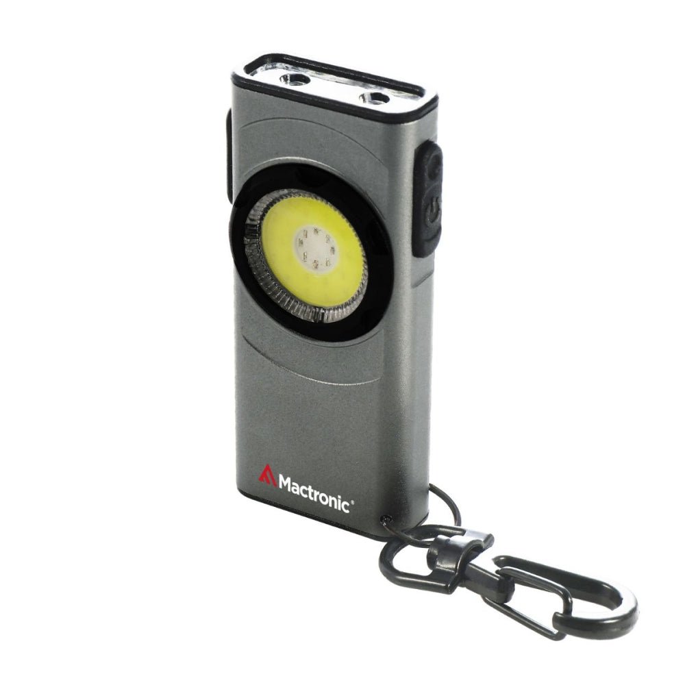 Mactronic Flagger Nano lampe porte-clés grise avec lampe ronde et mousqueton, en biais