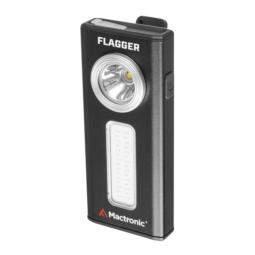 Mactronic Flagger lampe de signalisation noire avec lampe ronde et panneau LED, de trois quarts