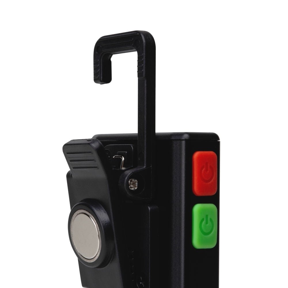 Mactronic Flagger détail du crochet de suspension, de l'aimant et du bouton rouge et vert