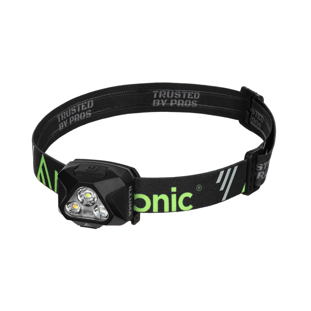 Mactronic Illuma lampe frontale à trois LED sur un bandeau noir à impression verte