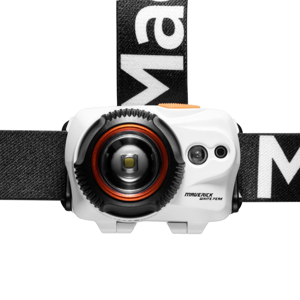 Mactronic Maverick White Peak de face avec la lentille, la bague orange et deux petites fenêtres