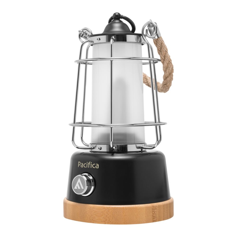 Mactronic Pacifica lanterne de camping avec cage métallique, anse en corde, pied noir et dessous en bois