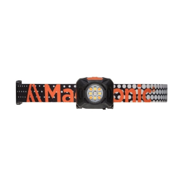 Mactronic Rebel de face avec la tête de lampe sur le bandeau orange imprimé