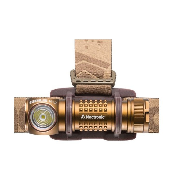 Mactronic Sirius H12 lampe frontale, lampe coudée cuivre dans un support sur un bandeau camouflage