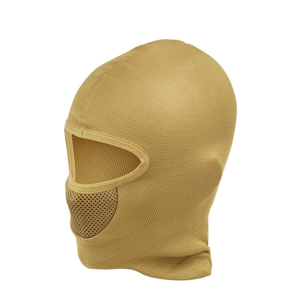 Cagoule thermoactive MFH couleur sable, de trois quarts avec filet devant la bouche