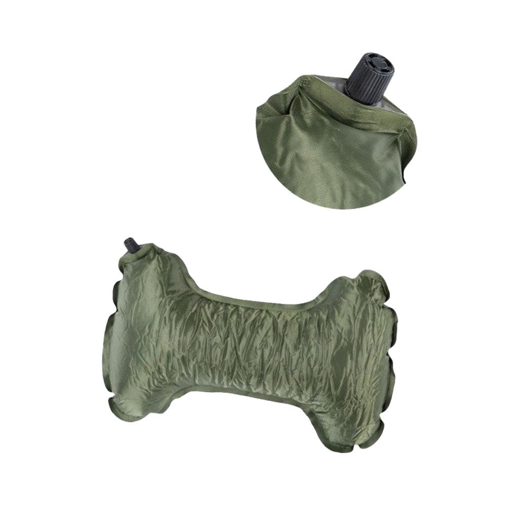 Coussin de nuque Mil-Tec vert olive dégonflé, avec la valve en gros plan au-dessus