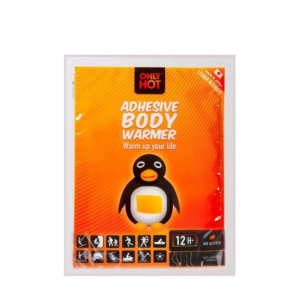 chauffe-corps Only Hot adhésif en emballage orange avec un pingouin et l'inscription body warmer