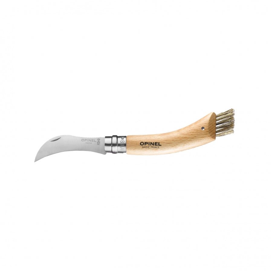 couteau à champignons Opinel N°08 ouvert, avec lame courbe, manche en bois et petite brosse