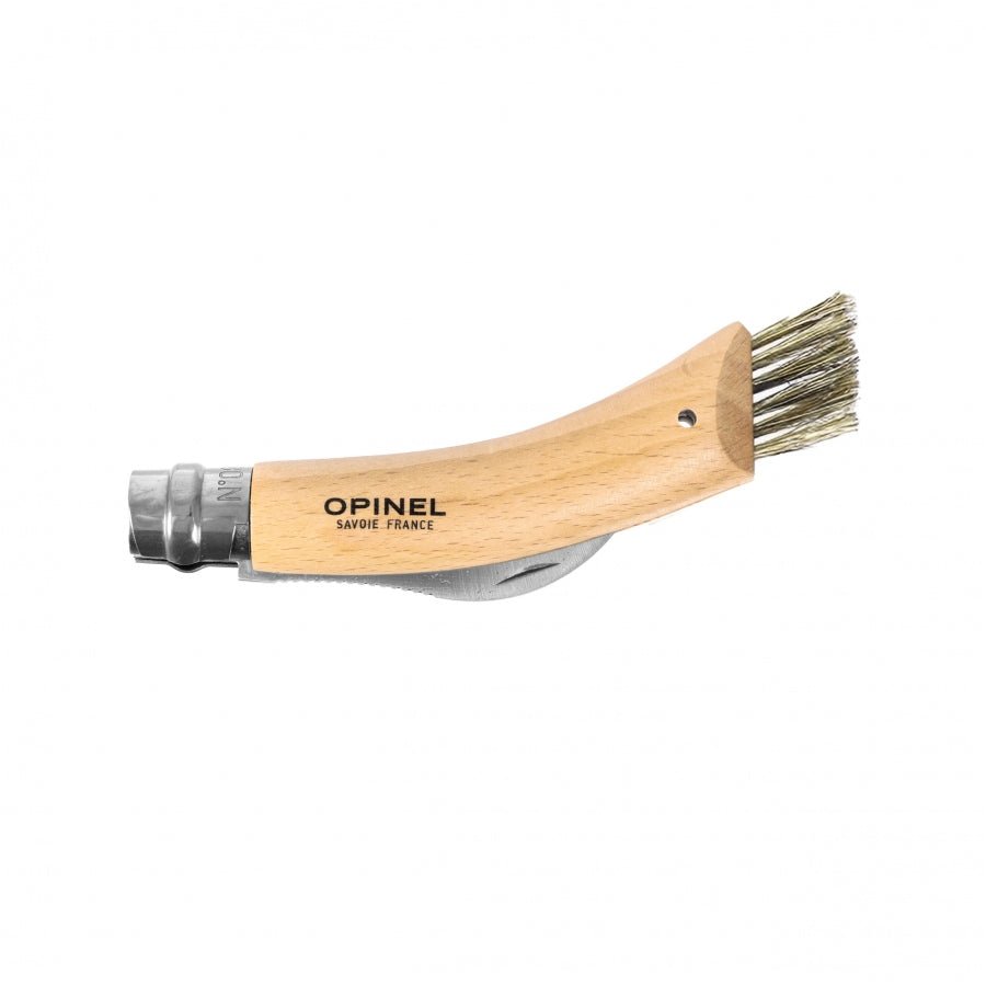 Couteau à champignons Opinel N°08 fermé, manche en bois avec une brosse au bout