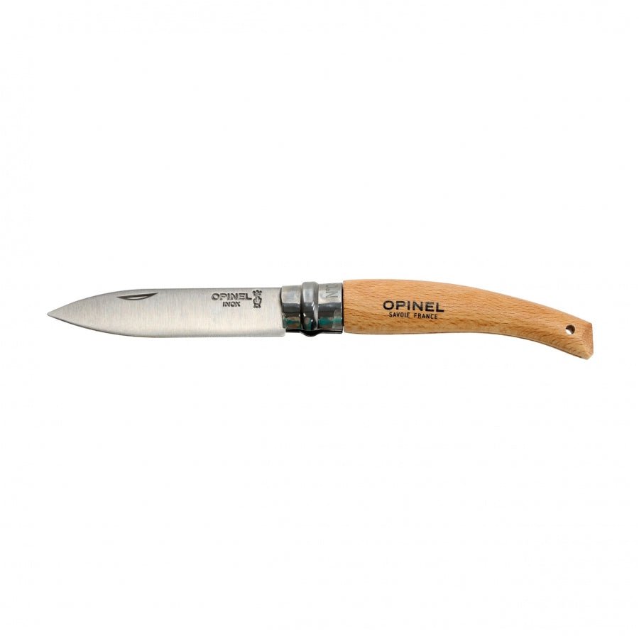 couteau de jardin Opinel N°08 ouvert, avec lame pointue et manche en bois clair