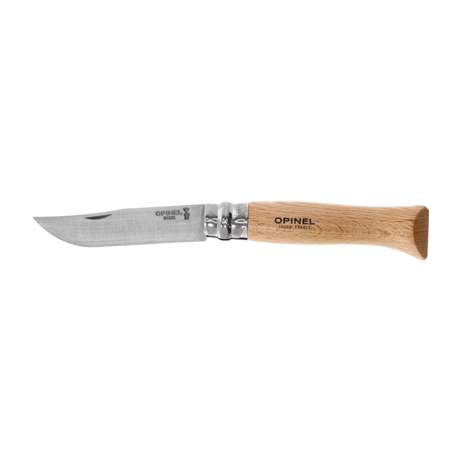 Opinel N°09 Inox ouvert, avec manche en bois clair marqué Opinel
