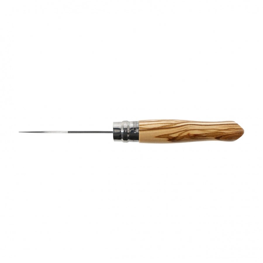 Opinel N°09 Inox vu du dessus, lame fine et manche en bois strié