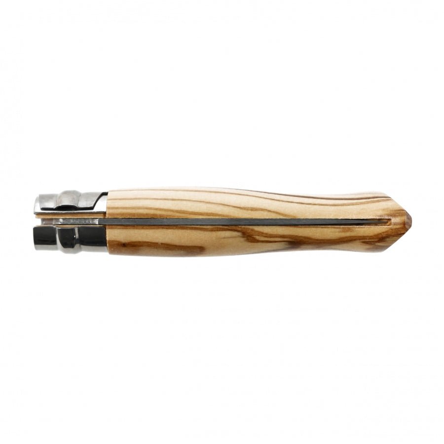 Opinel N°09 Inox fermé vu de dessous, la lame dans la fente du manche