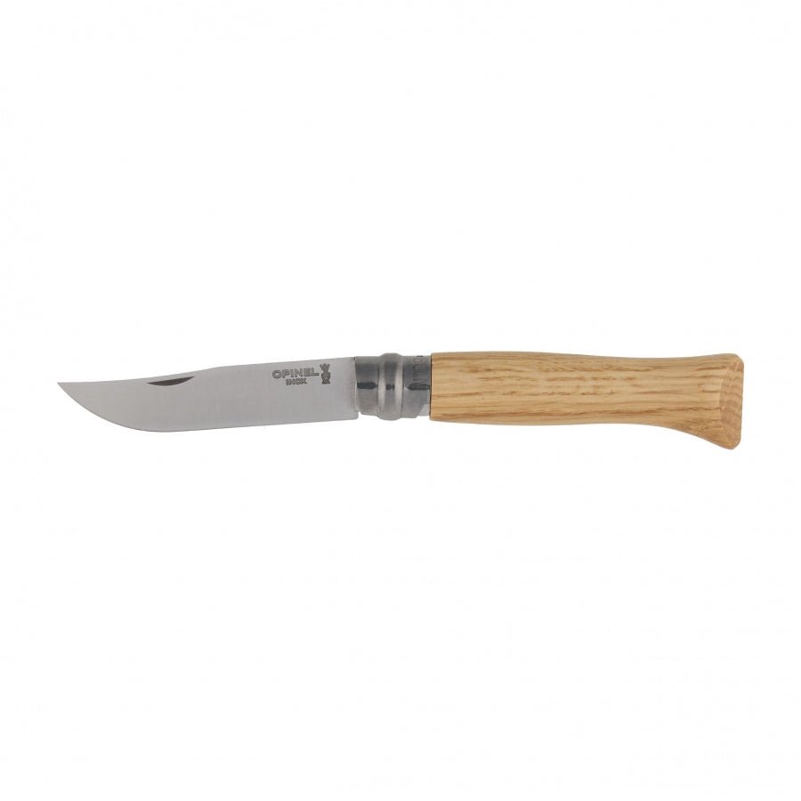 couteau Opinel N°09 Inox ouvert, avec manche en bois brun clair et bague de verrouillage