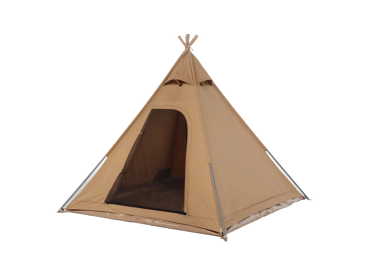 CanvasCamp Oryx de trois quarts avant, tipi avec mâts croisés et porte moustiquaire