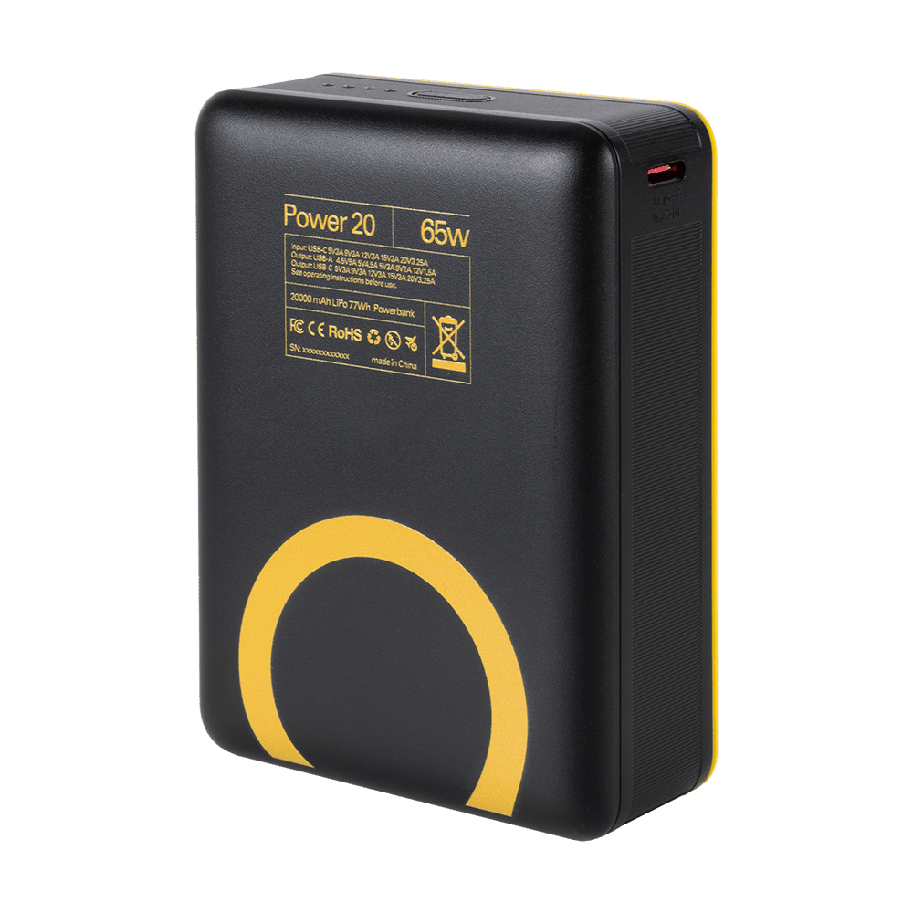 Dos du WakaWaka Power 20, noir avec cercle jaune et la plaque signalétique Power 20 65W