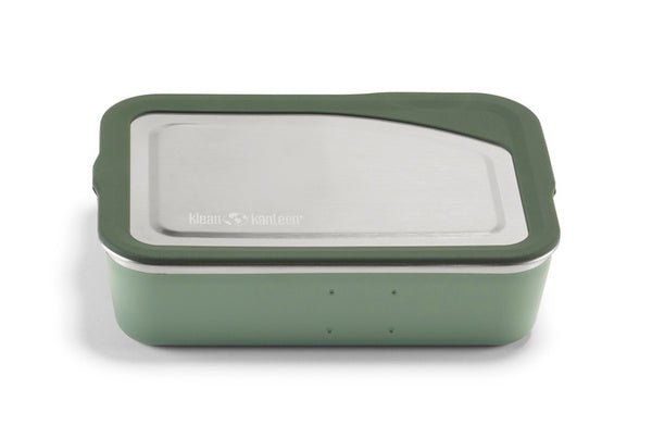 Klean Kanteen Rise Meal Box boîte à déjeuner verte avec couvercle en acier inoxydable, vue de biais par l'avant