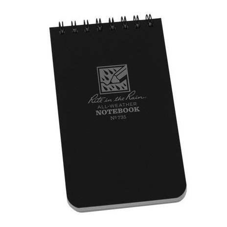 Carnet à spirale Rite in the Rain noir, couverture avec logo gris et texte Notebook