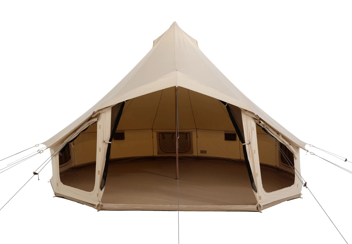CanvasCamp Sibley Apex 520 Panorama avec façade entièrement ouverte et vue sur l'intérieur