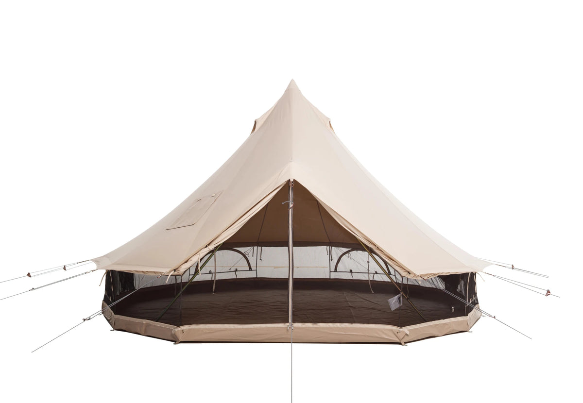 CanvasCamp Sibley Apex 400 avec parois enroulées et moustiquaire tout autour