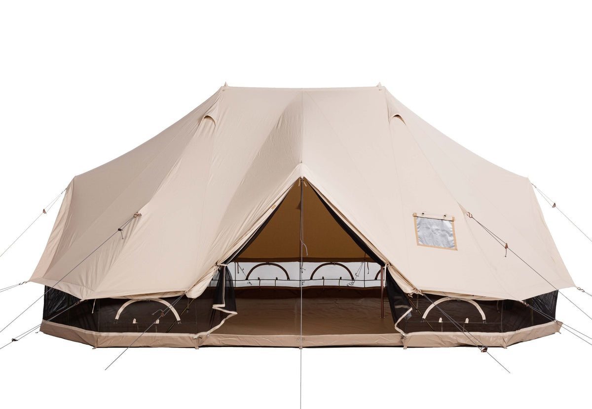 CanvasCamp Sibley Apex 600 Twin avec porte ouverte et parois latérales relevées, moustiquaire tout autour