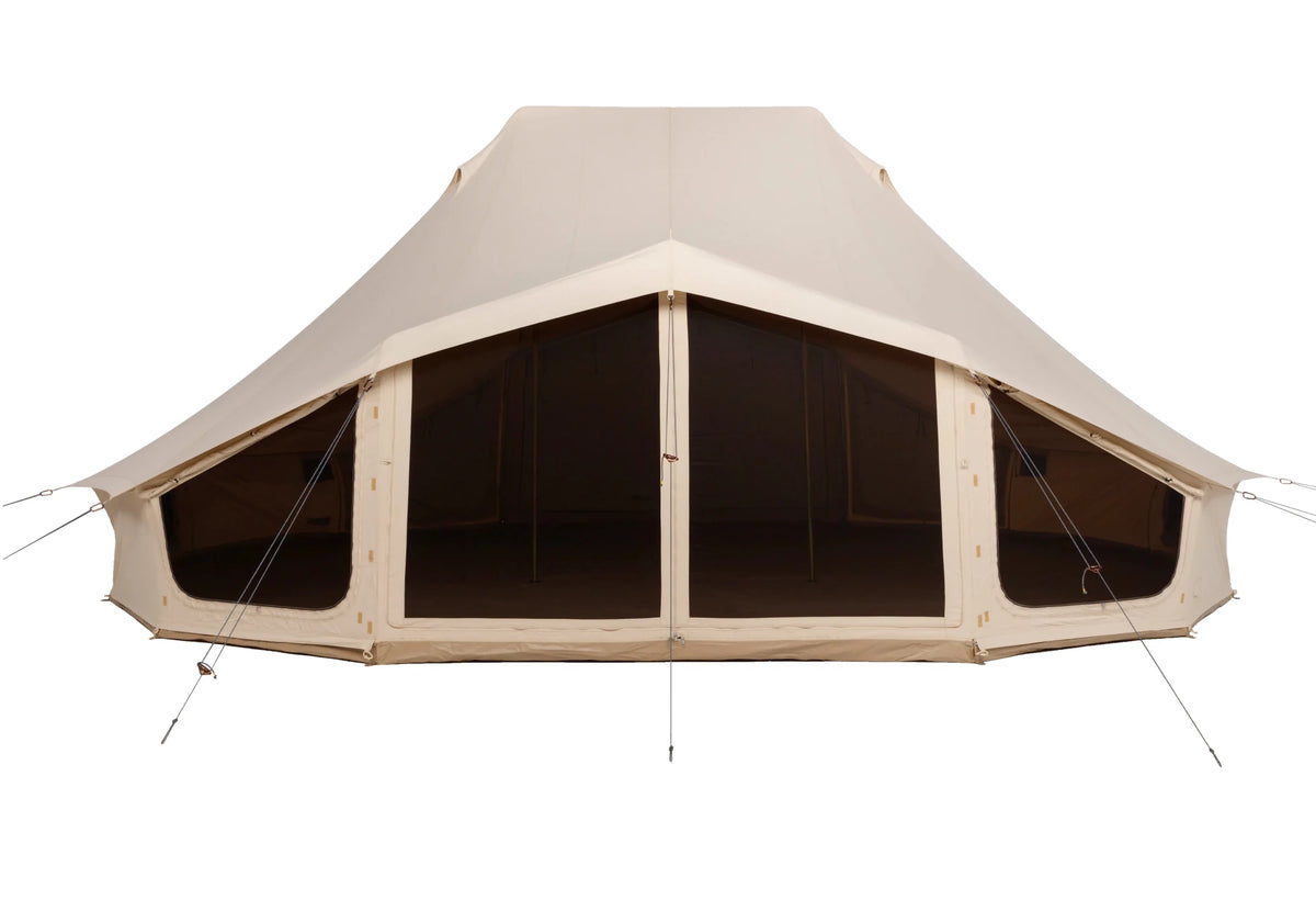 CanvasCamp Sibley Apex 720 Twin avec moustiquaire dans la porte et dans les deux parois latérales de l'avancée
