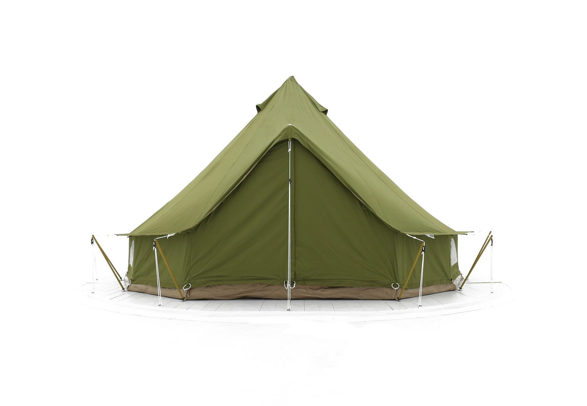 CanvasCamp Sibley ProTech 300 en toile verte, vue de face avec haubans