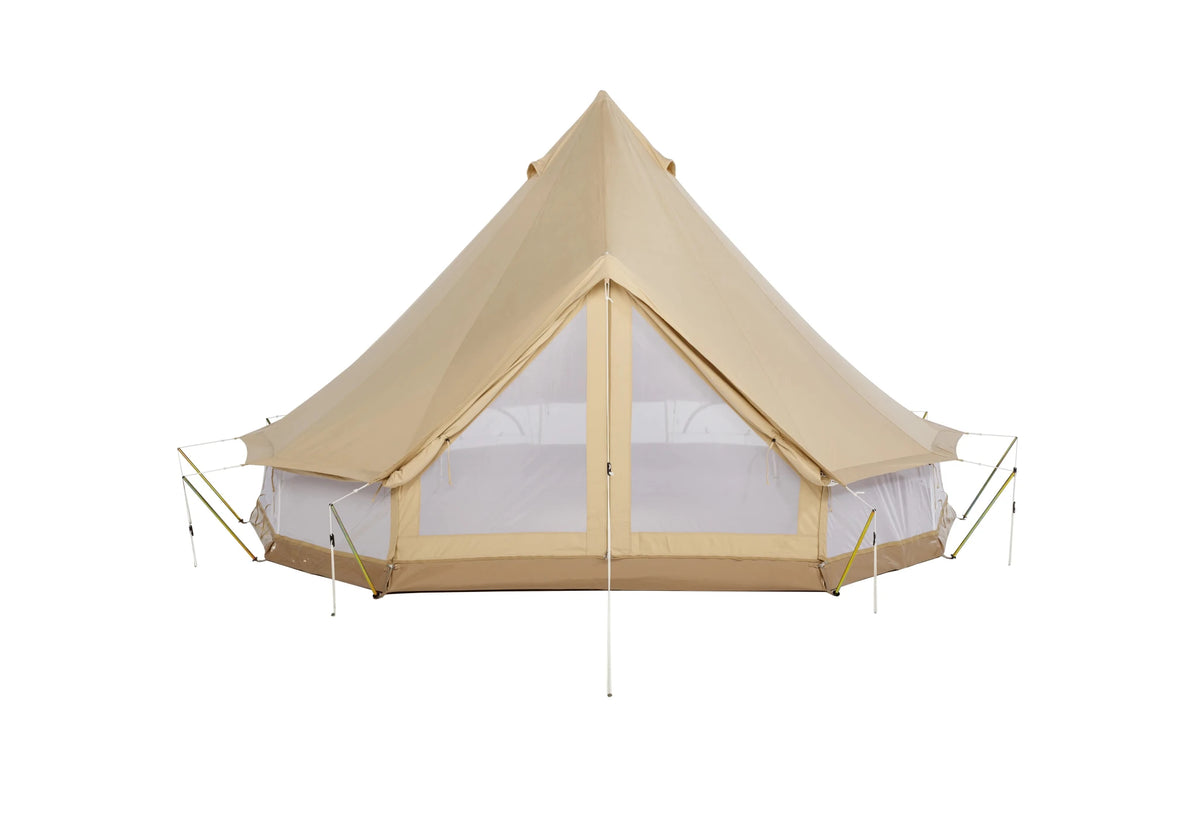 CanvasCamp Sibley ProTech 400 de face avec porte relevée et moustiquaire dans l'encadrement