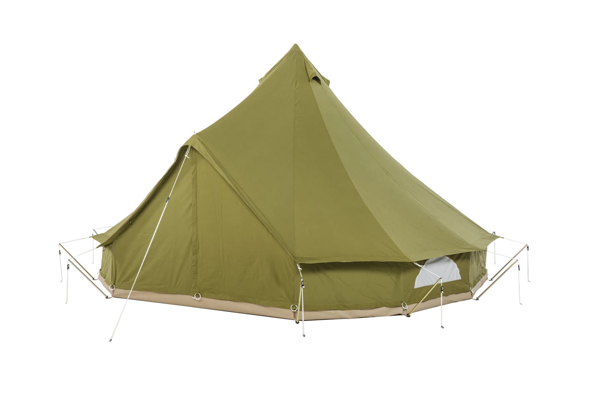 CanvasCamp Sibley ProTech 450 vert olive, vue de trois quarts avant avec fenêtre dans la paroi latérale
