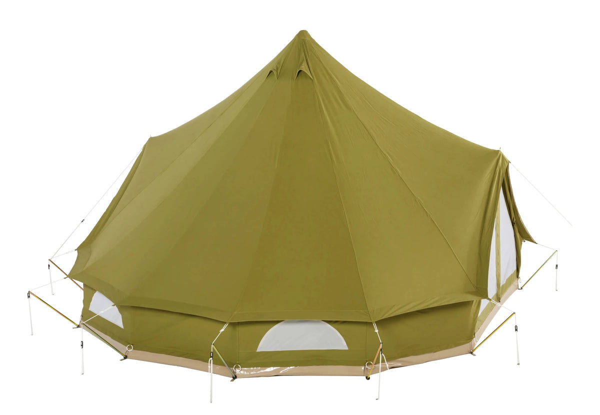 CanvasCamp Sibley ProTech 600 DD vert olive vue de côté avec deuxième porte ouverte et fenêtres