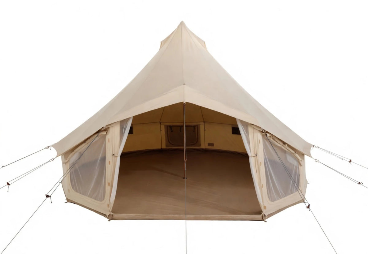 CanvasCamp Sibley Traveller 520 Panorama avec portes avant ouvertes et vue dans la tente
