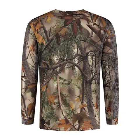 T-shirt manches longues camouflage Stealth Gear, dos avec troncs d'arbres et feuilles d'automne
