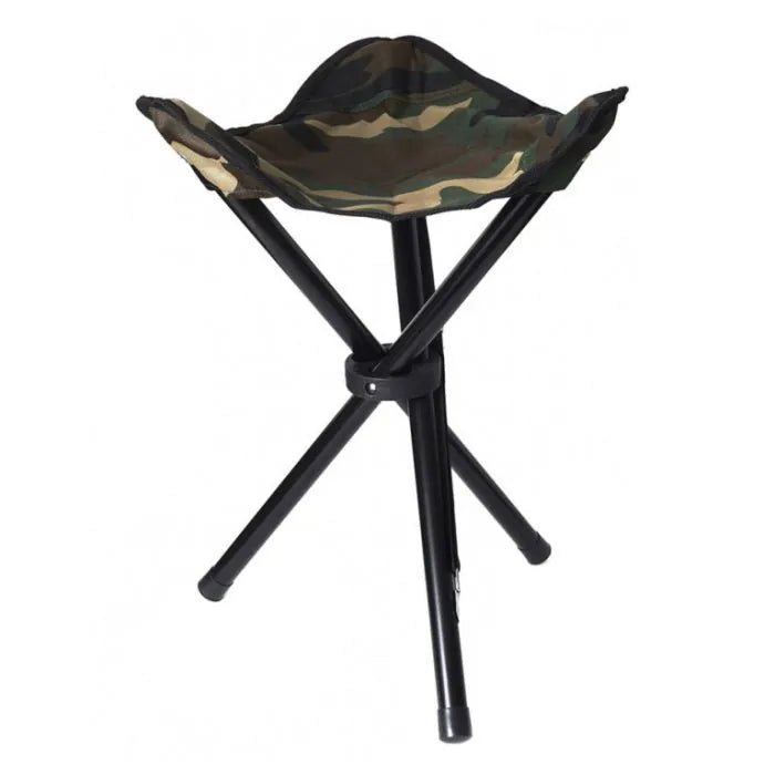 tabouret pliant Stealth Gear avec trois pieds noirs et assise en tissu camouflage