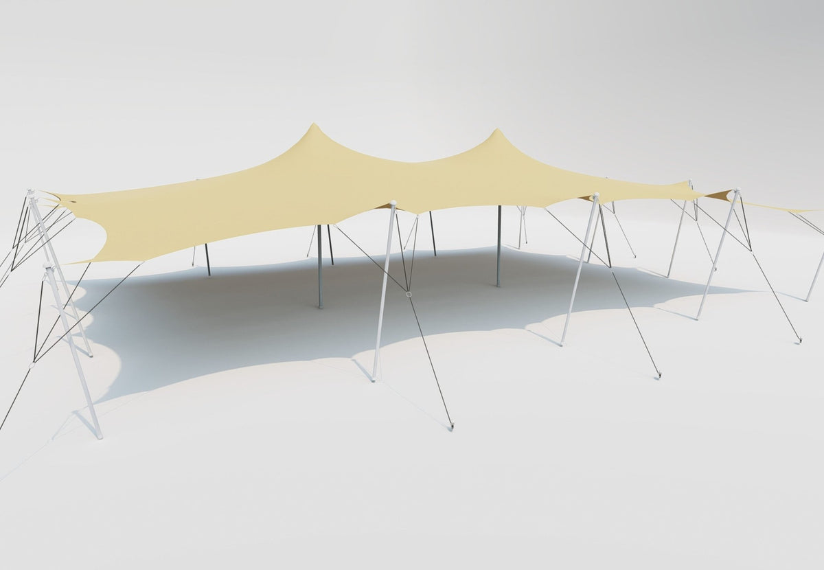 CanvasCamp Stretch Tent Q2 en tente longue avec deux sommets l'un derrière l'autre