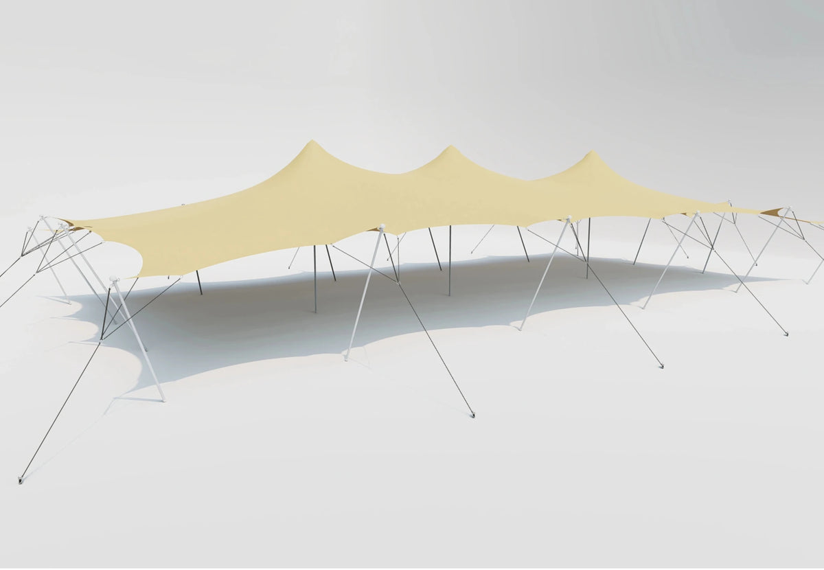 CanvasCamp Stretch Tent Q2 en tente extra longue avec trois sommets alignés