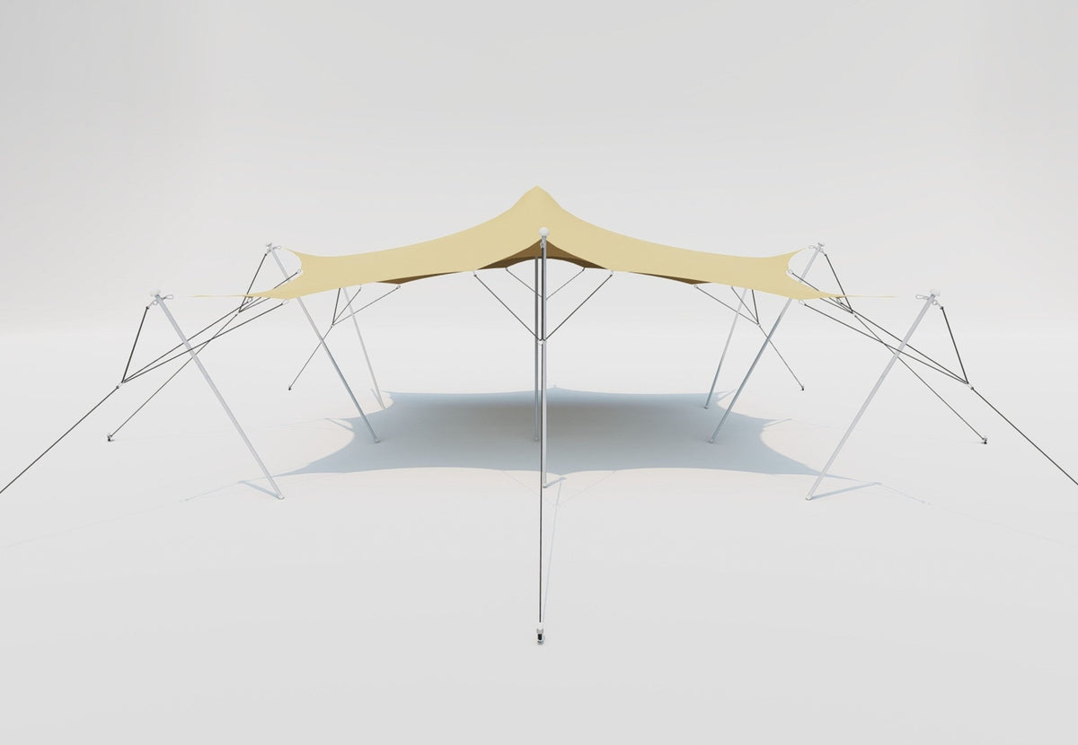 CanvasCamp Stretch Tent Q3 vue de face avec le mât central sous le sommet