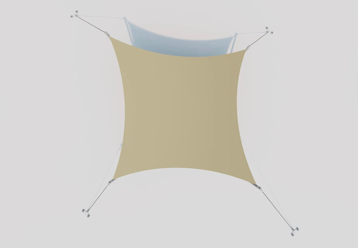 CanvasCamp Stretch Tent Q3X vue d'en haut, toile beige carrée avec haubans aux coins