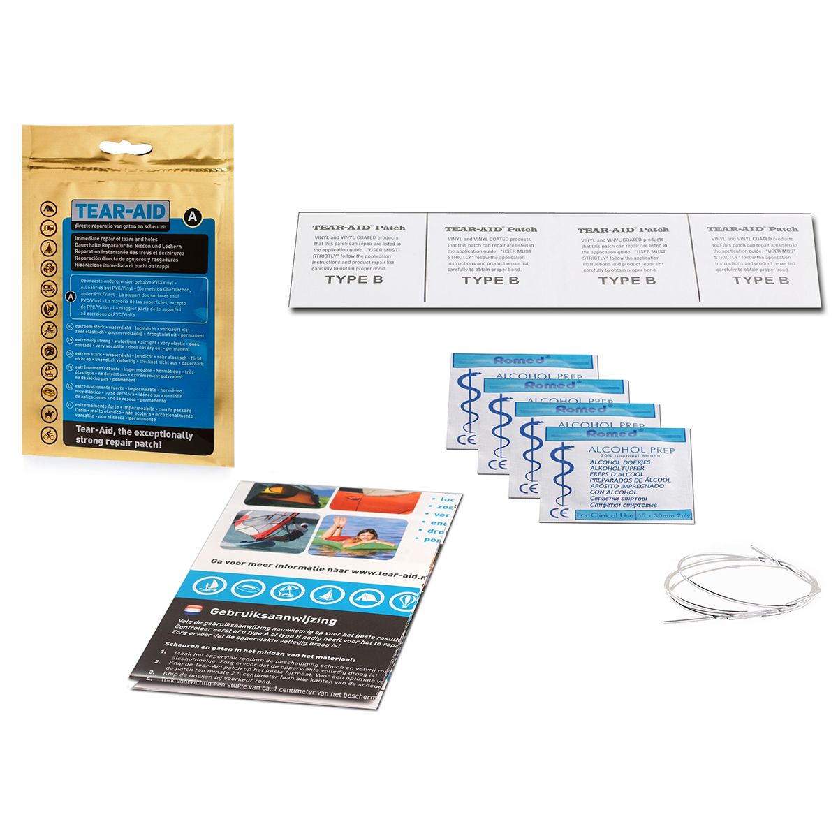 Contenu du kit Tear-Aid A avec emballage, bandes de réparation, sachets séparés et mode d'emploi