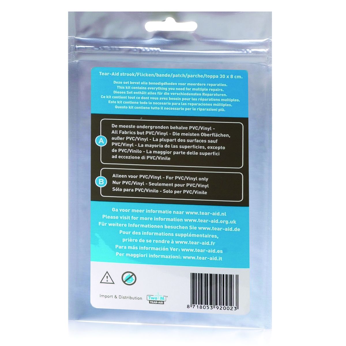 Tear-Aid B, dos de l'emballage avec explications multilingues pour PVC et vinyle