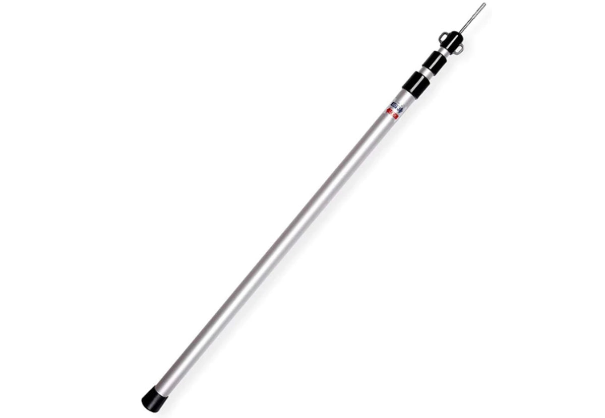 mât de tarp télescopique en aluminium, mât argenté avec bagues de serrage noires et une pointe en haut