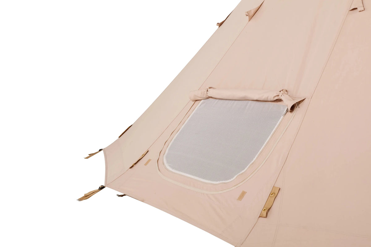CanvasCamp Traveller 500, fenêtre en moustiquaire avec rabat enroulé dans la toile