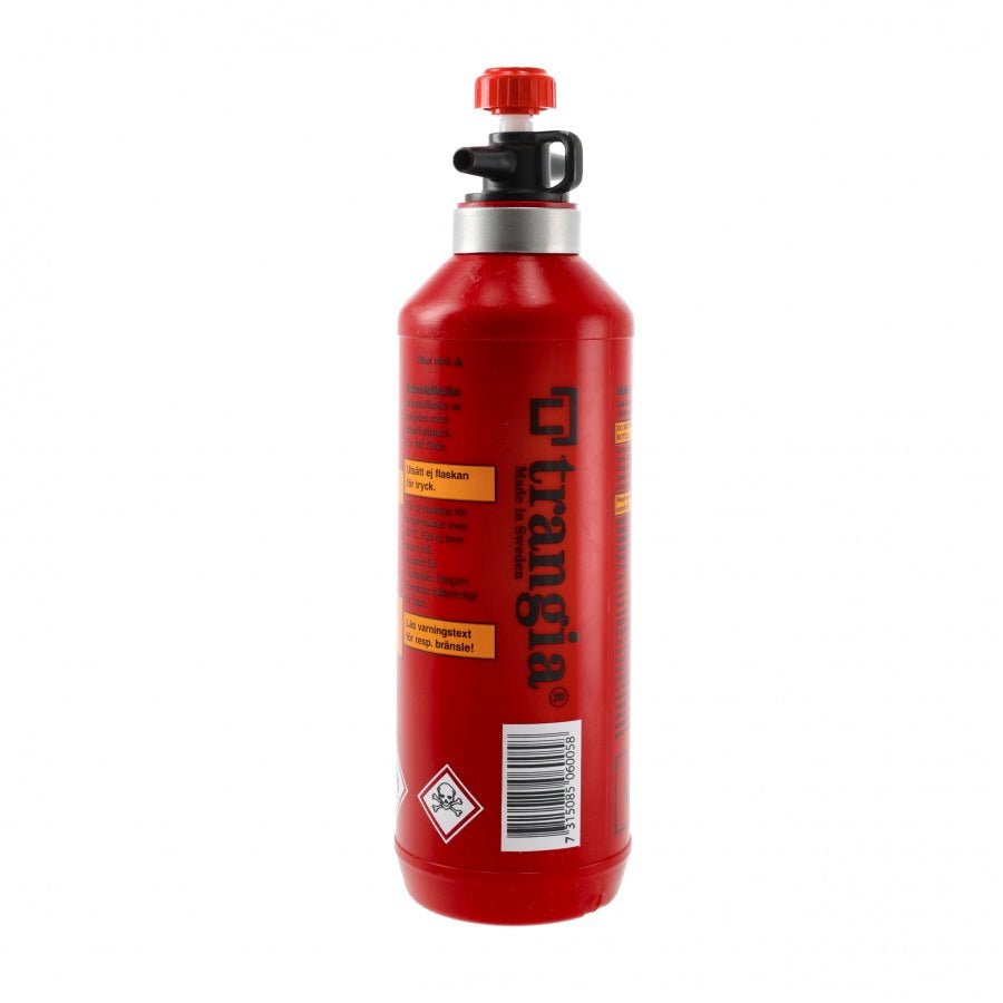 Bouteille à combustible Trangia rouge, flacon plus haut avec bouchon verseur et étiquette d'avertissement