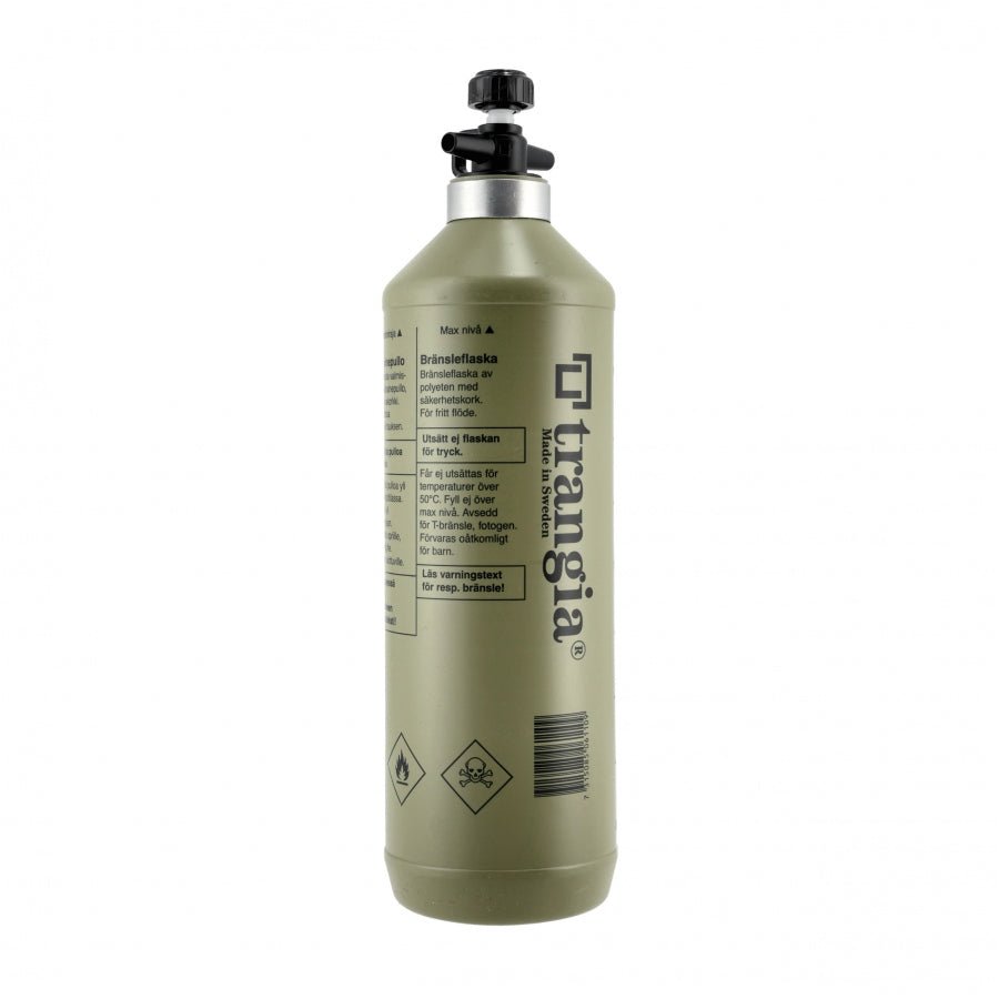Bouteille à combustible Trangia vert olive, grand flacon avec logo et symboles d'avertissement