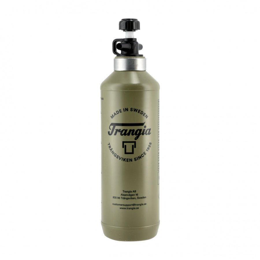 Bouteille à combustible Trangia vert olive, flacon plus haut avec logo rond et bouchon noir