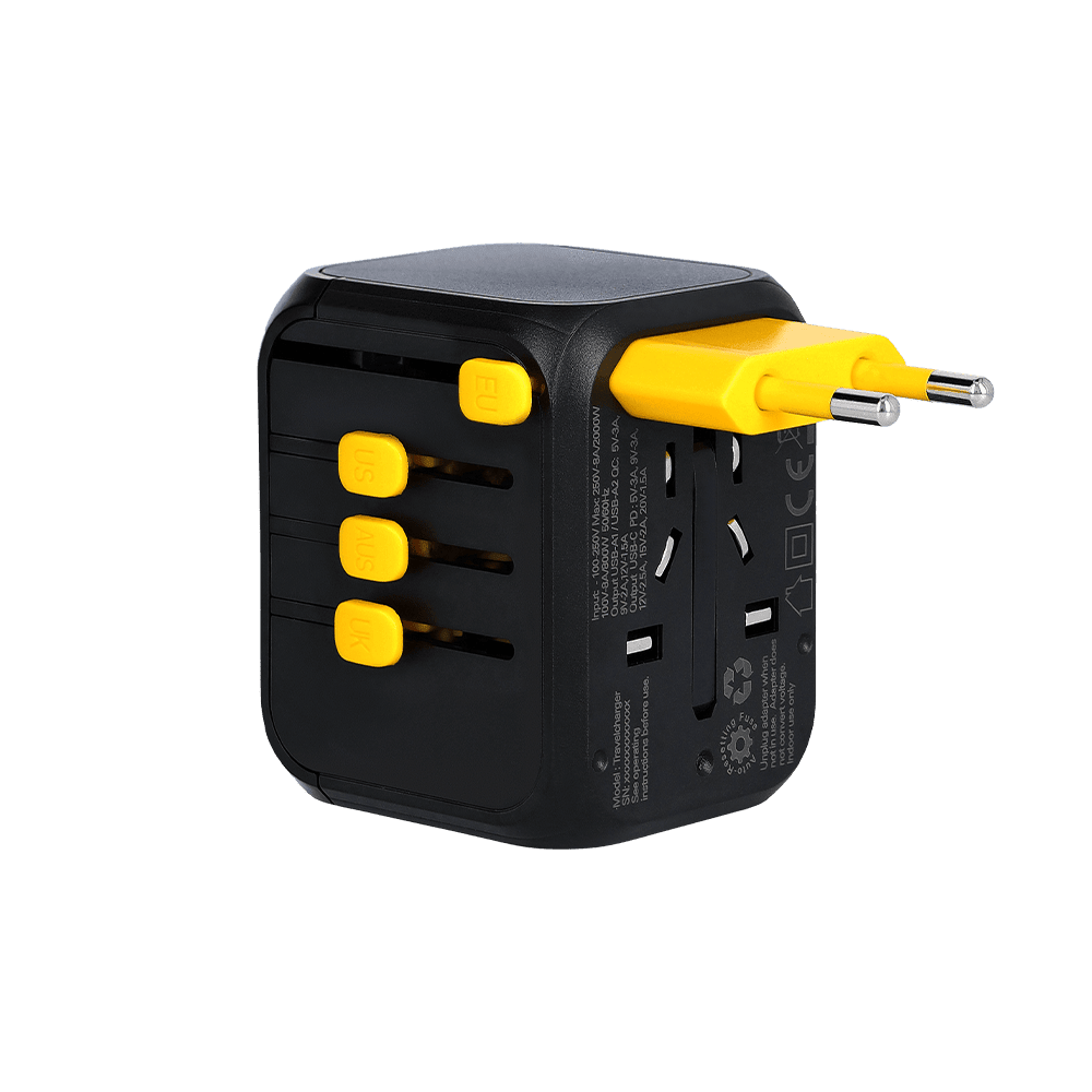 WakaWaka Travelcharger noir avec curseurs jaunes et la fiche européenne sortie