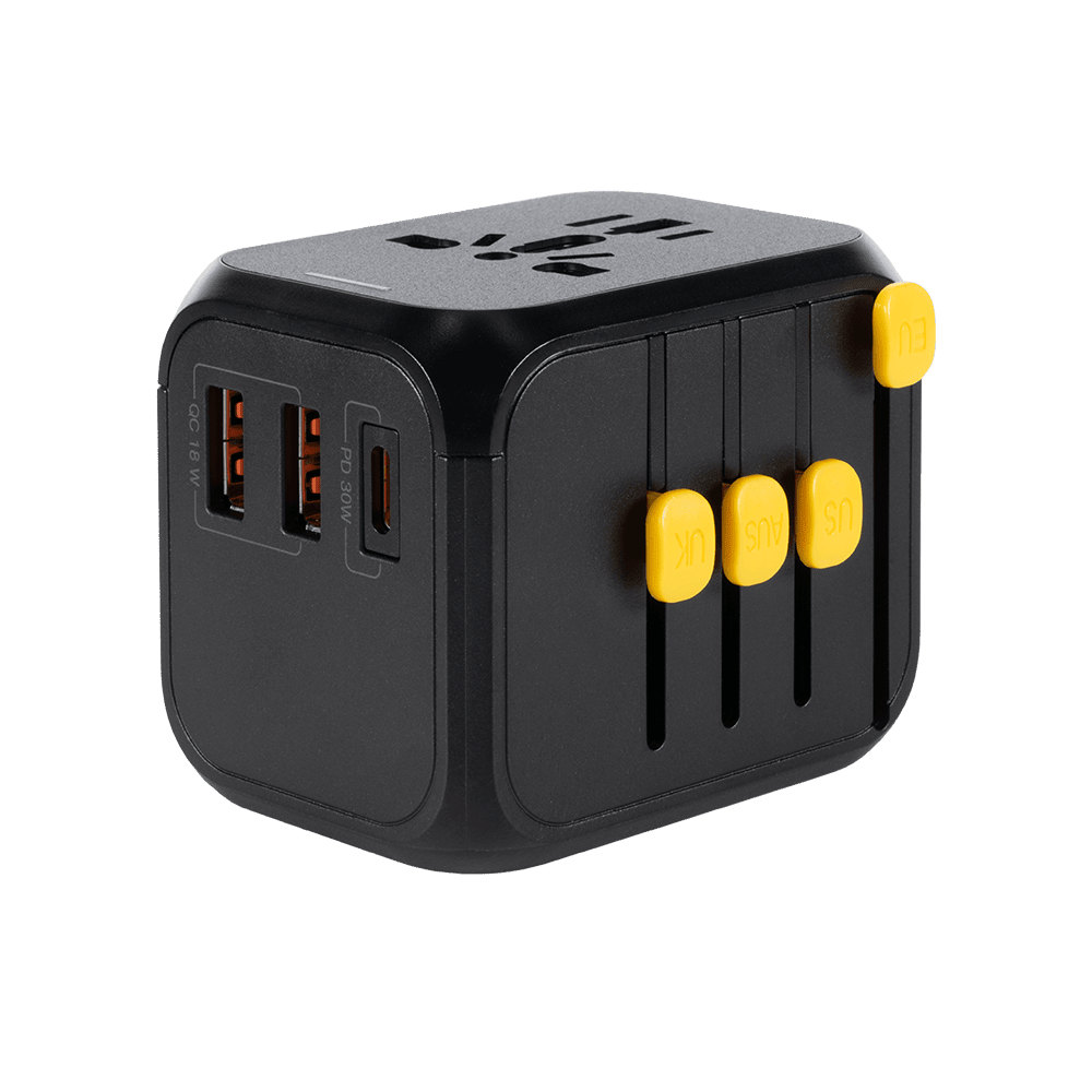 Côté du WakaWaka Travelcharger avec deux ports USB-A, un port USB-C et curseurs jaunes