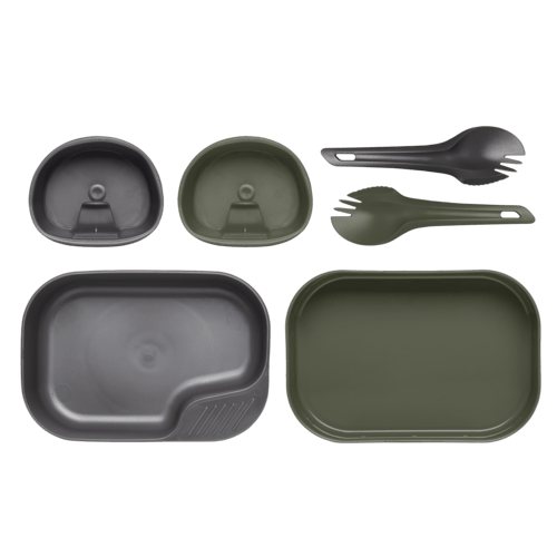 Wildo Camp-A-Box Duo gris et vert olive, avec un gobelet et une cuillère-fourchette de chaque couleur