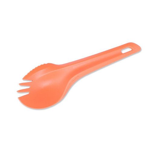Wildo Spork orange, vu de dessus en biais avec les dents vers la gauche